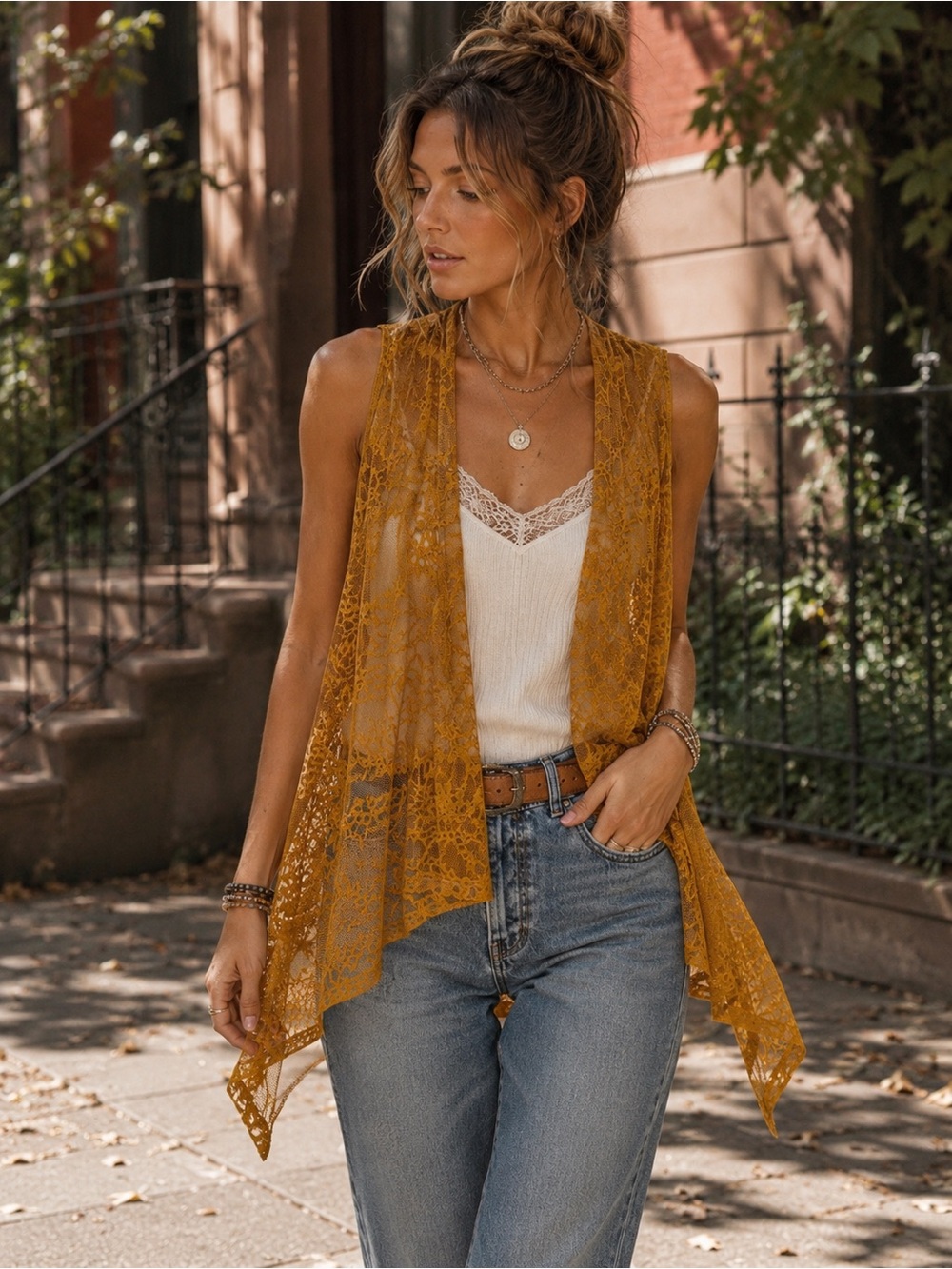 Daytrip Mustard Floral Lace Duster Vest Open Front Boho Medium